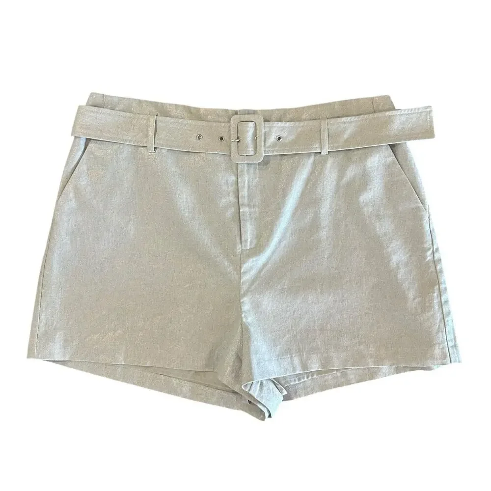 NINE WEST Beige Khaki Shimmer Linen Blend Belted Classic Shorts Women’s Size XL